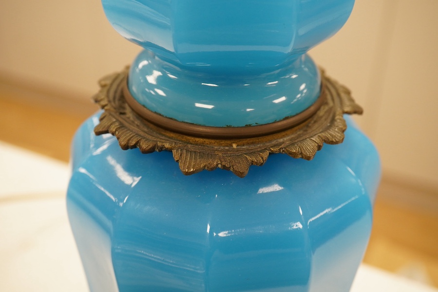 A French blue glass table lamp, 57cm high excluding the fitting. Condition - fair to good untested